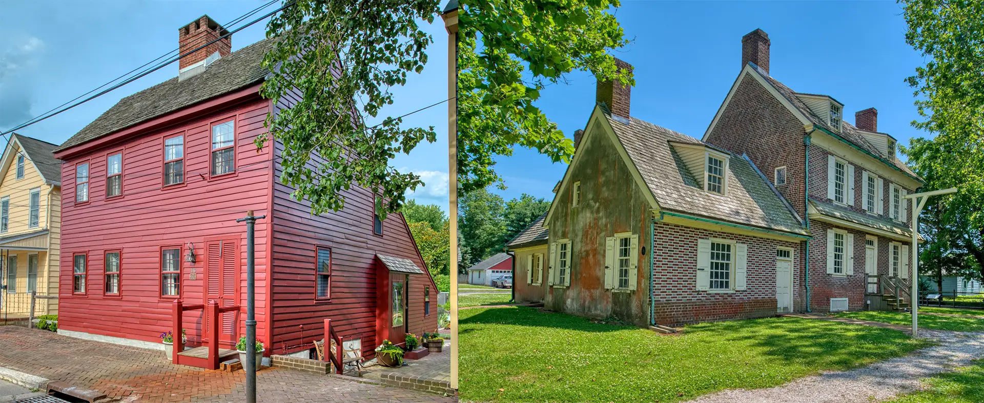Two historic houses - one painted red and one brick
